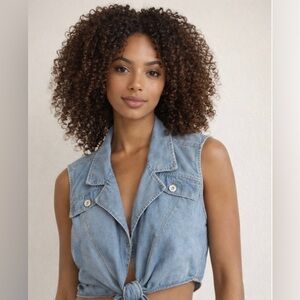 NTWomen’s Blue Denim Jean Tie Waist Vest Cropped Waistcoat